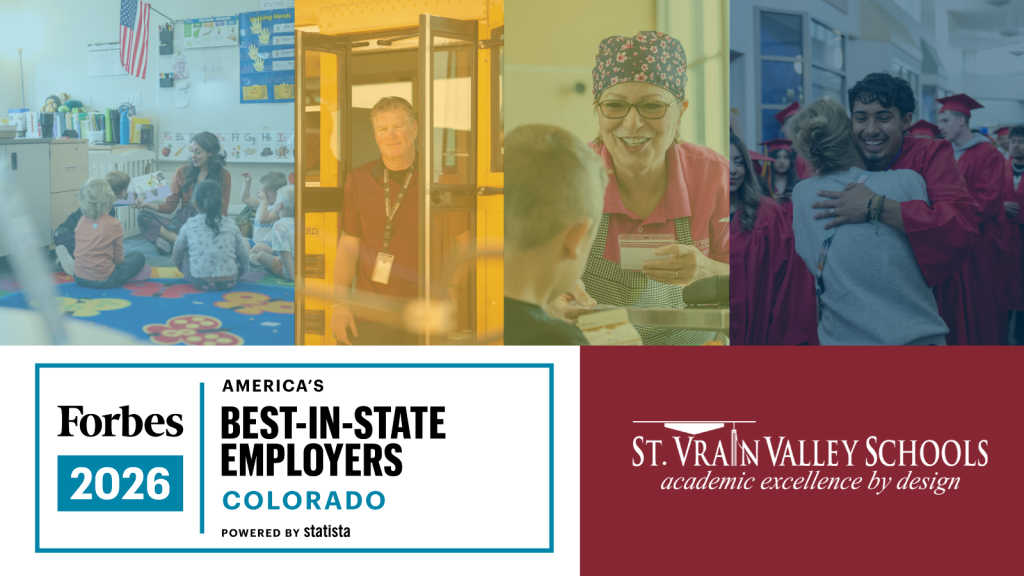 Collage en el que se presentan las escuelas del valle de St. Vrain, destacando la educación, el personal y los logros de los alumnos. Reconocimiento de Forbes en 2026.