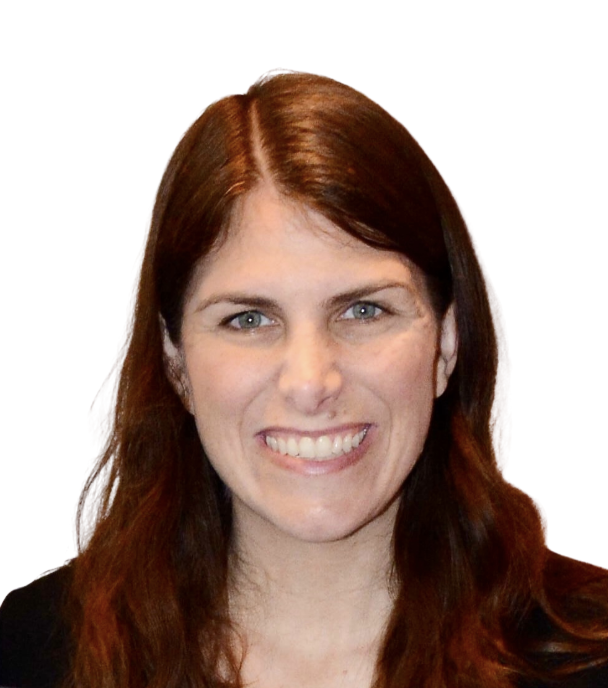 Smiling woman with long brown hair and green eyes, wearing a black top, set against a white background.