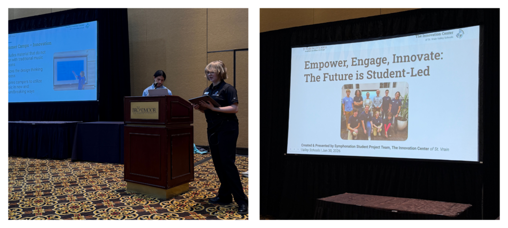 Two students present at a podium during a conference, with a slide titled "The Future is Student-Led" in the background.