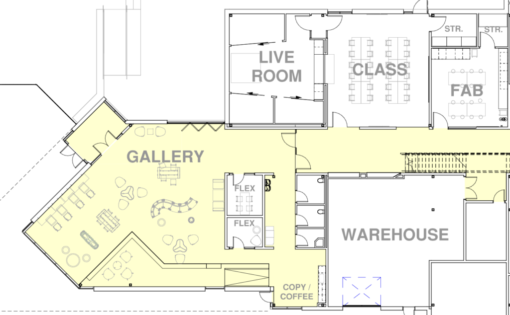Floor plan showing a gallery, live room, class area, flex spaces, warehouse, and coffee area.