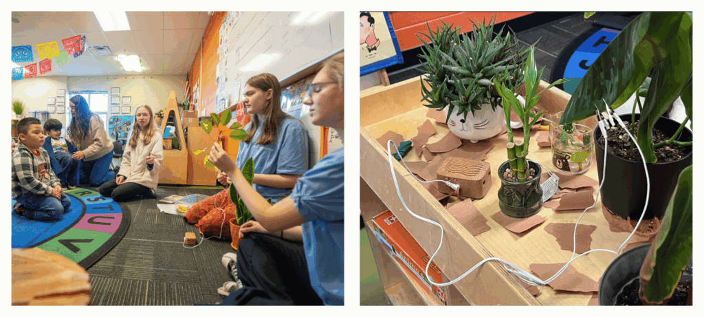 Students engage in a classroom activity with plants, showcasing learning and creativity with various plant types.