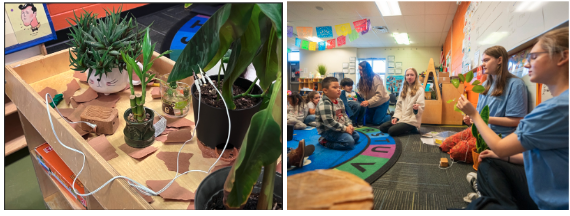 Two images: one shows potted plants with wires, the other features children and adults engaged in a discussion.