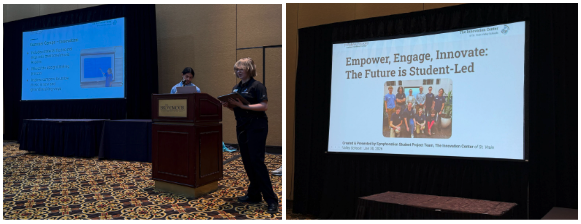 A presentation scene featuring a speaker at a podium and a screen displaying "Empower, Engage, Innovate: The Future is Student-Led."