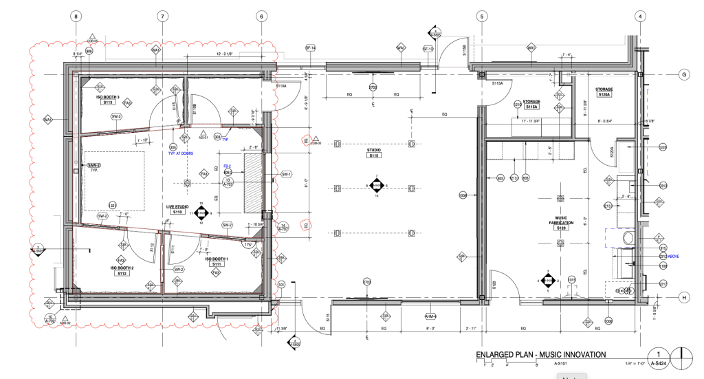 Plano arquitectónico de un espacio dedicado a la innovación musical, en el que se detallan salas como estudios y cabinas de aislamiento.
